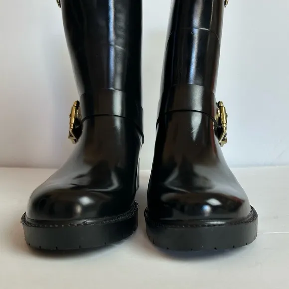 NWOT Vince Camuto Women’s 8m Black Rubber Boots Mid Calf Gold Hardware