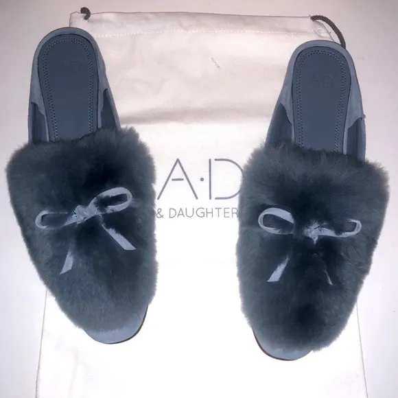 NWT A*D &amp; DAUGHTERS ”Grigon ”Luxury Suede &amp; Real Rabbit Fur Mules/ Clogs Shoes