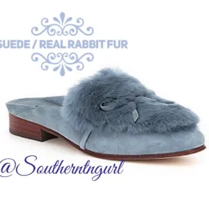 NWT A*D &amp; DAUGHTERS ”Grigon ”Luxury Suede &amp; Real Rabbit Fur Mules/ Clogs Shoes