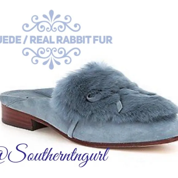NWT A*D &amp; DAUGHTERS ”Grigon ”Luxury Suede &amp; Real Rabbit Fur Mules/ Clogs Shoes
