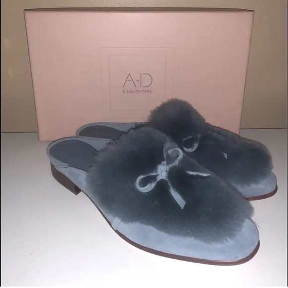 NWT A*D &amp; DAUGHTERS ”Grigon ”Luxury Suede &amp; Real Rabbit Fur Mules/ Clogs Shoes