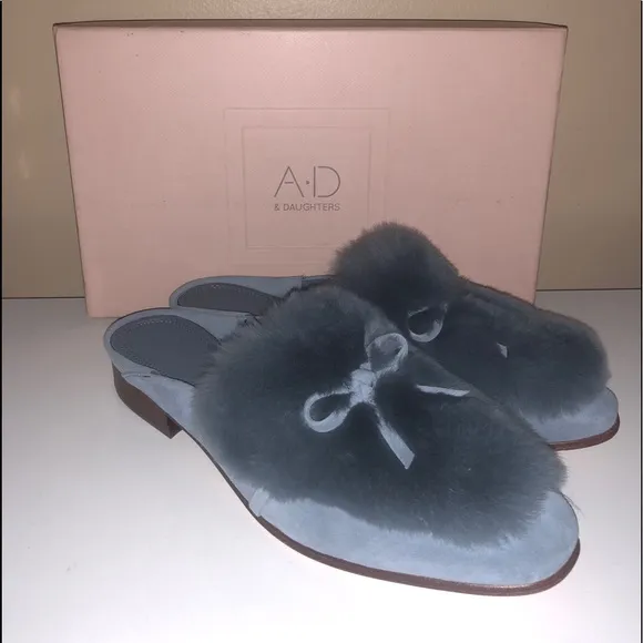 NWT A*D &amp; DAUGHTERS ”Grigon” Suede &amp; Real Fur Mules Slip Ons Shoes