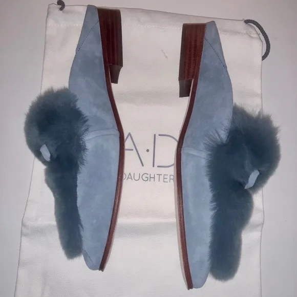 NWT A*D &amp; DAUGHTERS ”Grigon” Suede &amp; Real Fur Mules Slip Ons Shoes