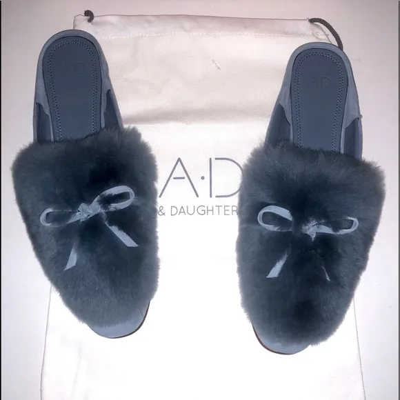 NWT A*D &amp; DAUGHTERS ”Grigon” Suede &amp; Real Fur Mules Slip Ons Shoes