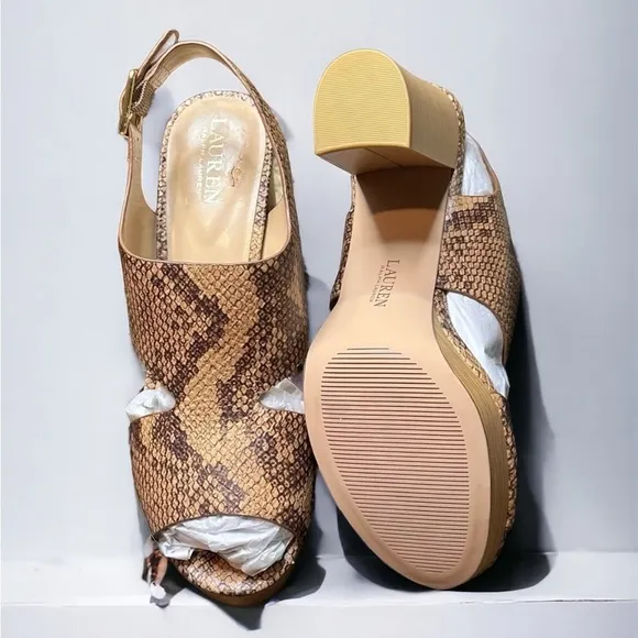 NWT Lauren Ralph Lauren Feona Python-Embossed Leather Platform Sandals $180