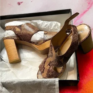 NWT Lauren Ralph Lauren Feona Python-Embossed Leather Platform Sandals $180
