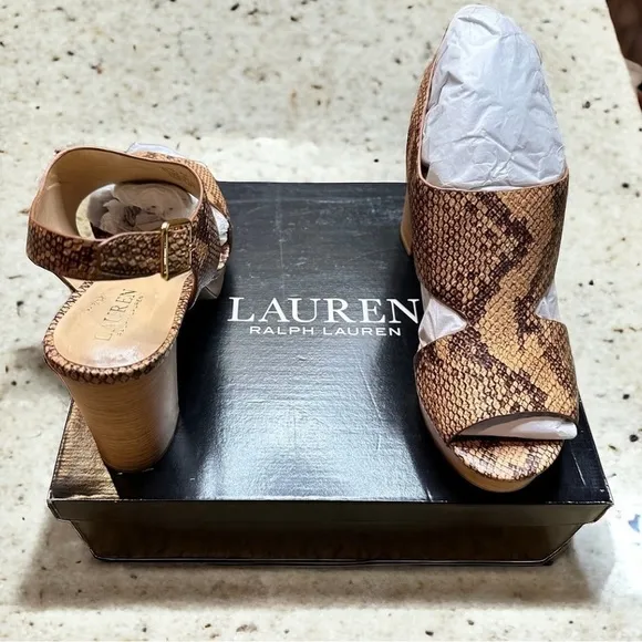 NWT Lauren Ralph Lauren Feona Python-Embossed Leather Platform Sandals $180