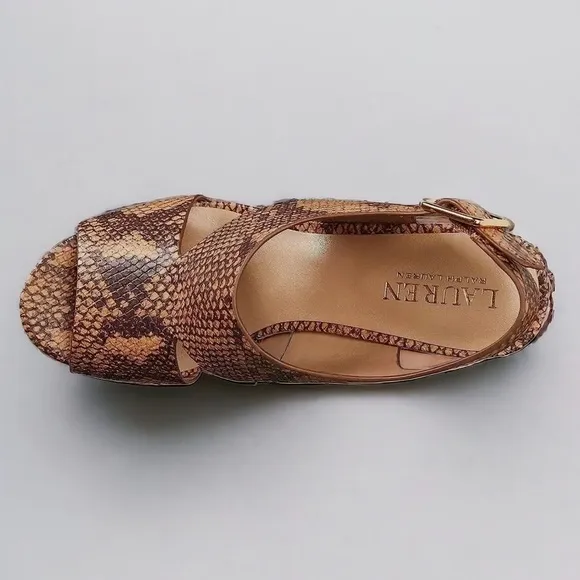 NWT Lauren Ralph Lauren Feona Python-Embossed Leather Platform Sandals $180