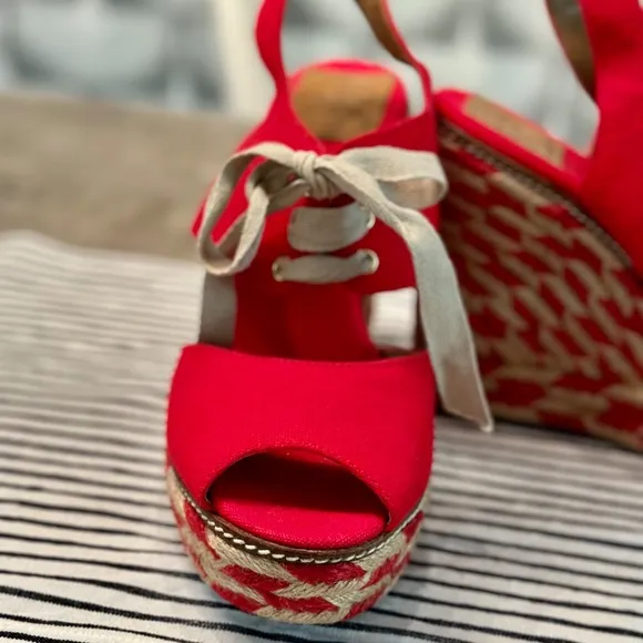 NWT Tory Burch Red Canvas Espadrille Wedges