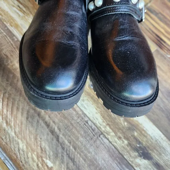 NWT ZARA Black Leather Studded Pearl Biker Cutout Ankle Moto Boots Buckle