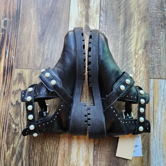NWT ZARA Black Leather Studded Pearl Biker Cutout Ankle Moto Boots Buckle