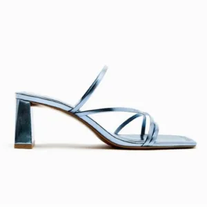 NWT. Zara Blue Metallic Strappy Sandals with Block Heels. Size 9.