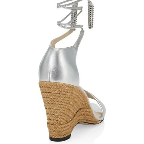 NWT$795 Jimmy Choo Deva Ankle-Wrap Metallic Leather Wedge Sandals Crystals 39.5