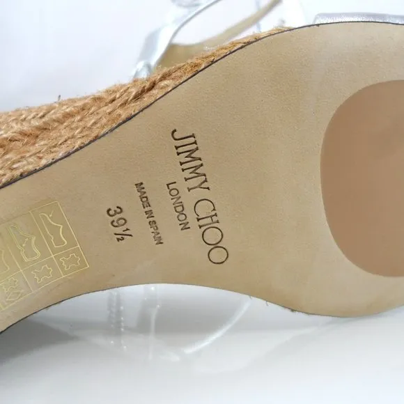 NWT$795 Jimmy Choo Deva Ankle-Wrap Metallic Leather Wedge Sandals Crystals 39.5