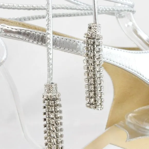 NWT$795 Jimmy Choo Deva Ankle-Wrap Metallic Leather Wedge Sandals Crystals 39.5