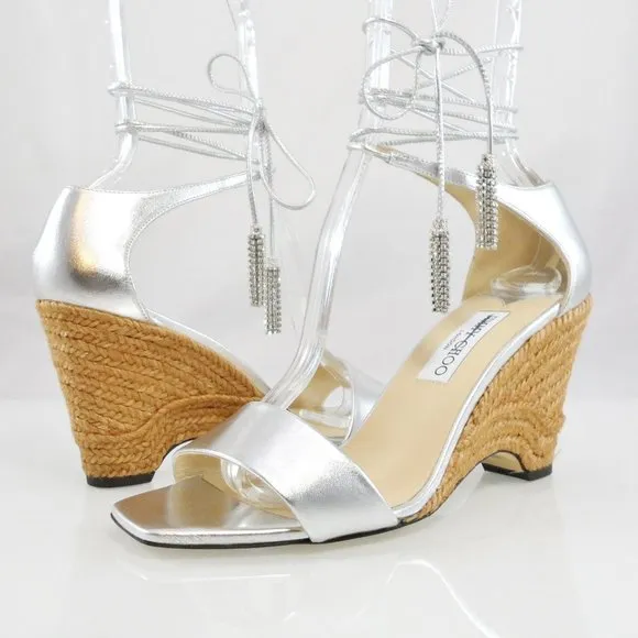 NWT$795 Jimmy Choo Deva Ankle-Wrap Metallic Leather Wedge Sandals Crystals 39.5