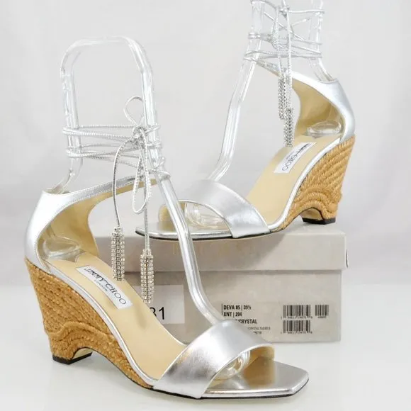 NWT$795 Jimmy Choo Deva Ankle-Wrap Metallic Leather Wedge Sandals Crystals 39.5