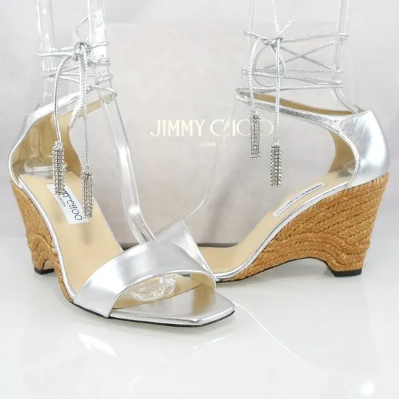 NWT$795 Jimmy Choo Deva Ankle-Wrap Metallic Leather Wedge Sandals Crystals 39.5