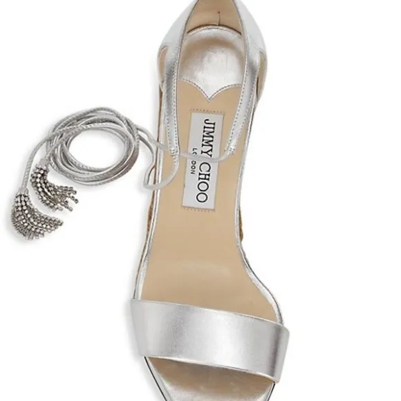 NWT$795 Jimmy Choo Deva Ankle-Wrap Metallic Leather Wedge Sandals Crystals 39.5