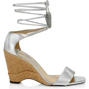 NWT$795 Jimmy Choo Deva Ankle-Wrap Metallic Leather Wedge Sandals Crystals 39.5