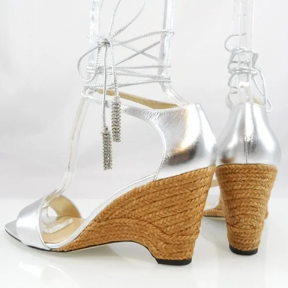 NWT$795 Jimmy Choo Deva Ankle-Wrap Metallic Leather Wedge Sandals Crystals 39.5