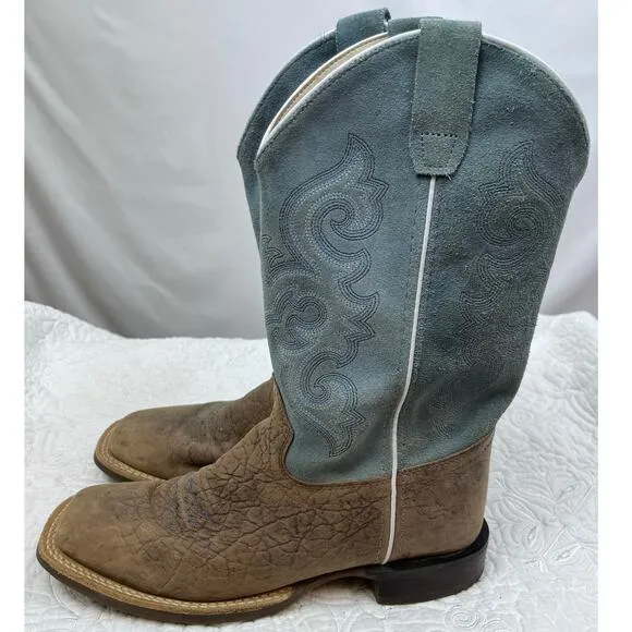 Old West Women's Size 7 Tan/Blue Bull Hide Suede Western Cowboy Boots BSY1944