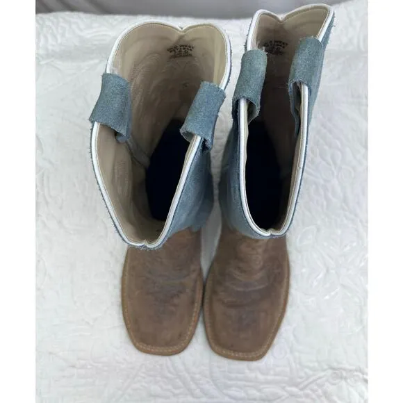 Old West Women's Size 7 Tan/Blue Bull Hide Suede Western Cowboy Boots BSY1944