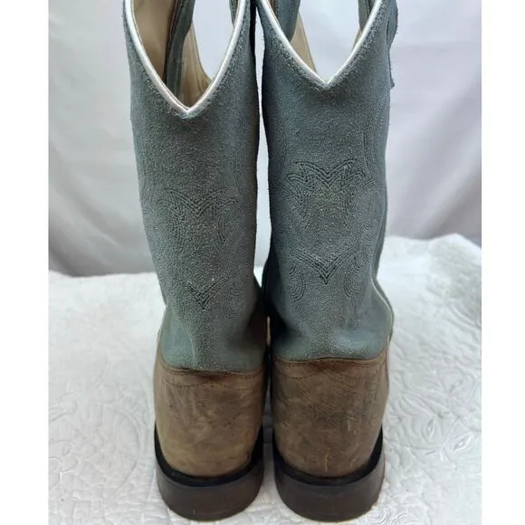 Old West Women's Size 7 Tan/Blue Bull Hide Suede Western Cowboy Boots BSY1944