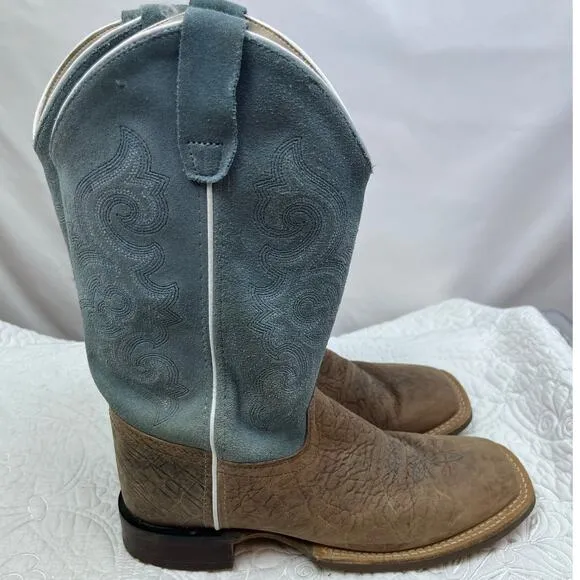 Old West Women's Size 7 Tan/Blue Bull Hide Suede Western Cowboy Boots BSY1944