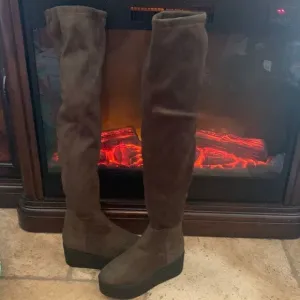 Olive Green Suede Vintage over knee  platform boots