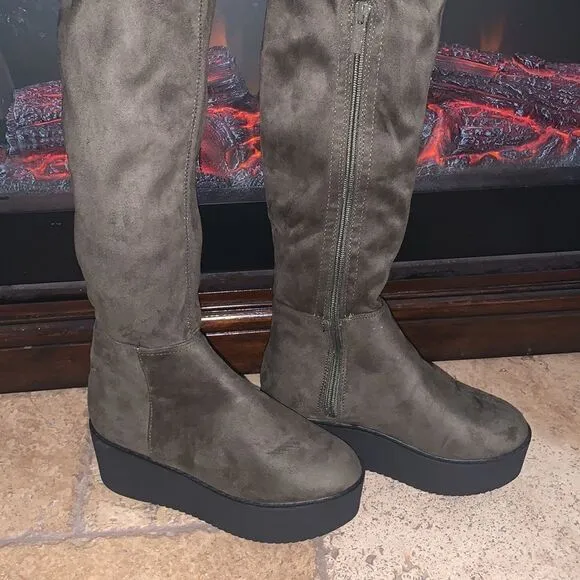 Olive Green Suede Vintage over knee  platform boots