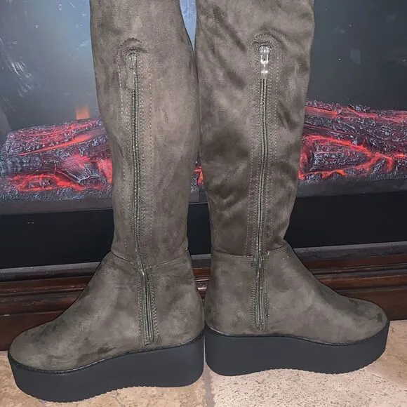 Olive Green Suede Vintage over knee  platform boots