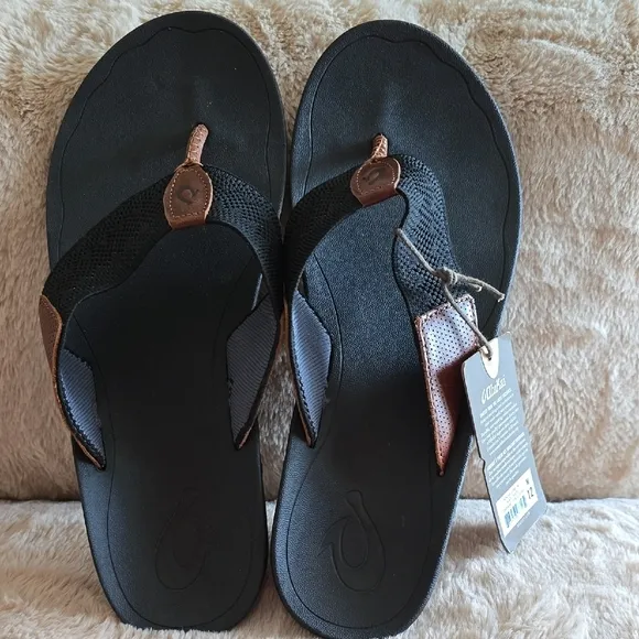 OluKai Black and Brown Sandals with Contoured Footbed