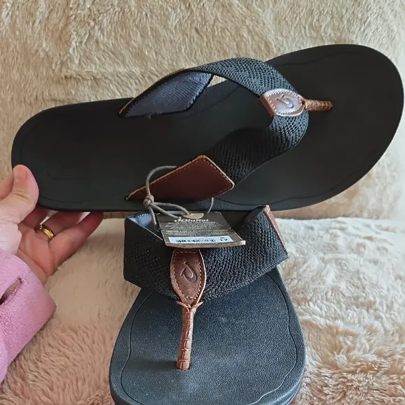 OluKai Black and Brown Sandals with Contoured Footbed