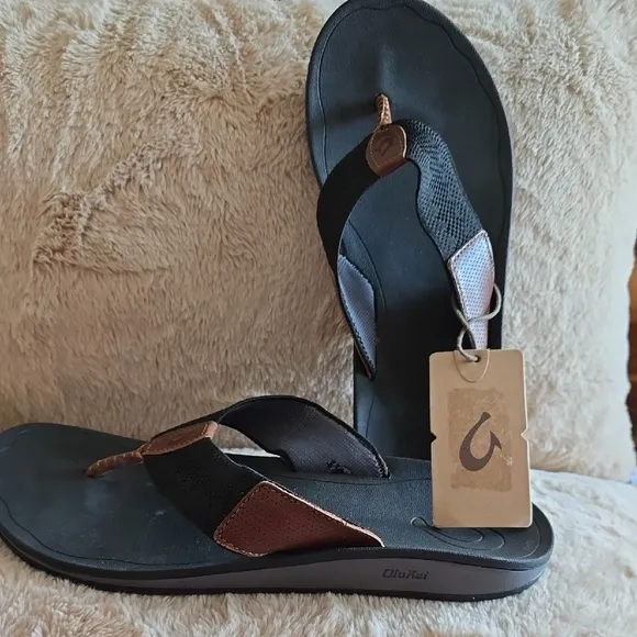 OluKai Black and Brown Sandals with Contoured Footbed