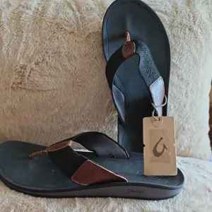 OluKai Black and Brown Sandals with Contoured Footbed