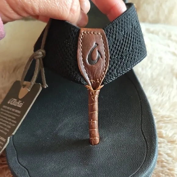 OluKai Black and Brown Sandals with Contoured Footbed