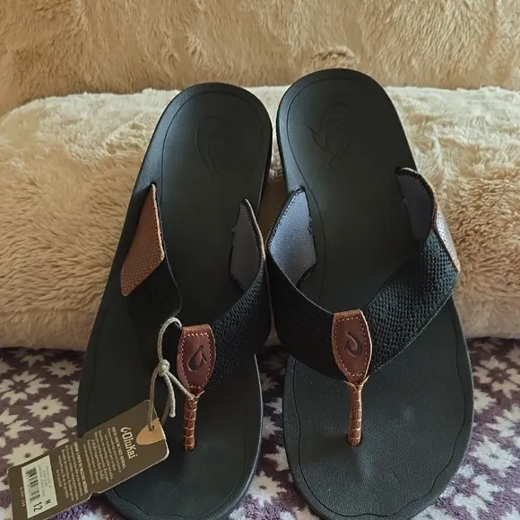 OluKai Black and Brown Sandals with Contoured Footbed