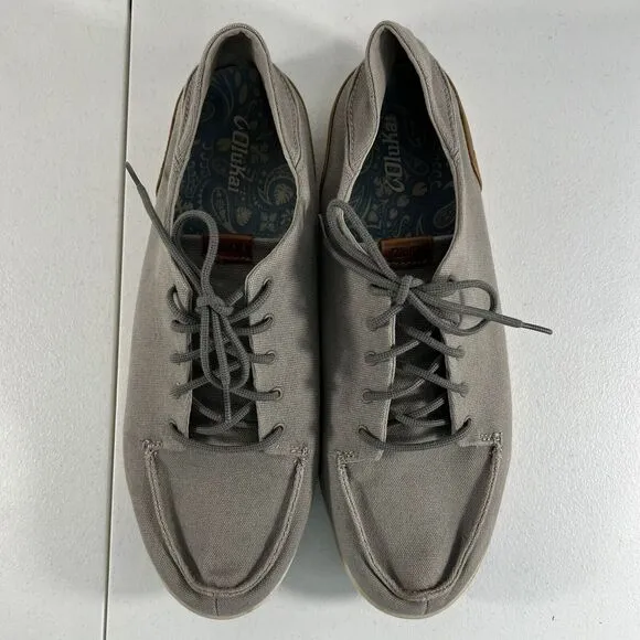 Olukai Size 14 Manoa Canvas Loafer Lace Up Casual Shoes Gray Drop In Heel Mens