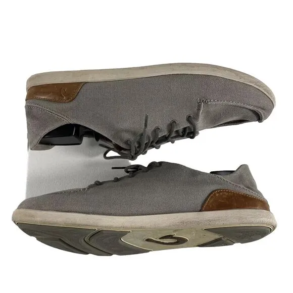 Olukai Size 14 Manoa Canvas Loafer Lace Up Casual Shoes Gray Drop In Heel Mens