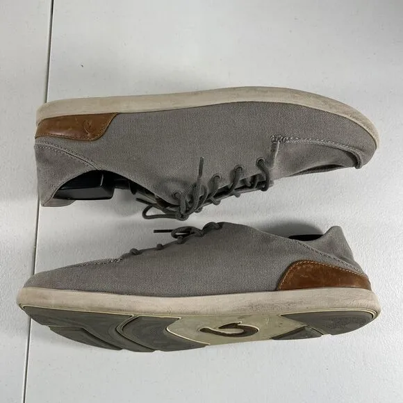 Olukai Size 14 Manoa Canvas Loafer Lace Up Casual Shoes Gray Drop In Heel Mens