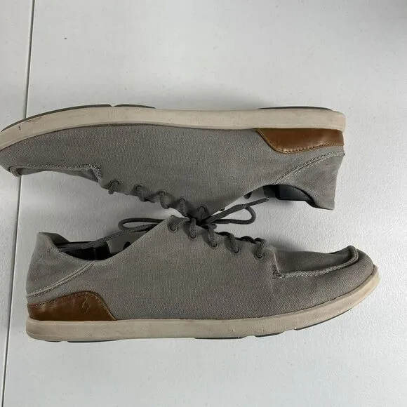Olukai Size 14 Manoa Canvas Loafer Lace Up Casual Shoes Gray Drop In Heel Mens