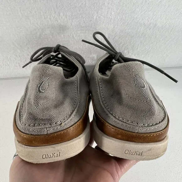 Olukai Size 14 Manoa Canvas Loafer Lace Up Casual Shoes Gray Drop In Heel Mens
