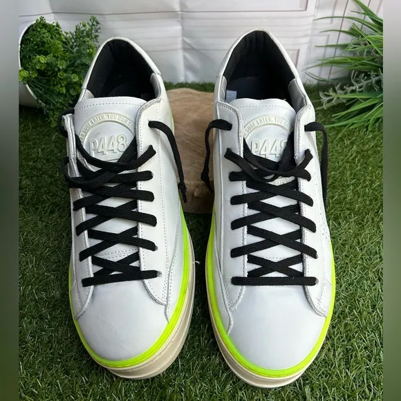 P448John Sneaker$315 Men White and Neon Green Sneakers size 45 US 11.5-12 NEW