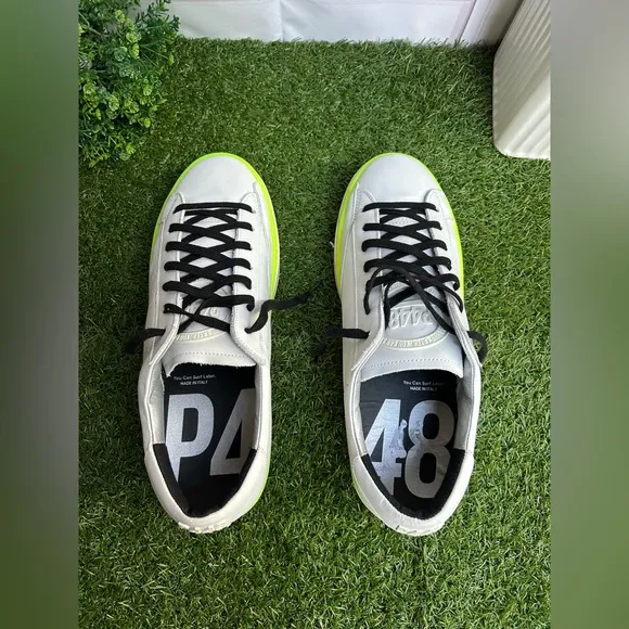 P448John Sneaker$315 Men White and Neon Green Sneakers size 45 US 11.5-12 NEW