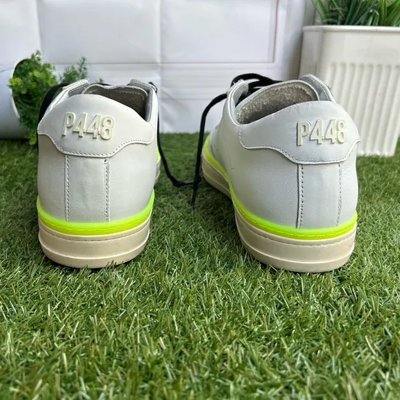 P448John Sneaker$315 Men White and Neon Green Sneakers size 45 US 11.5-12 NEW