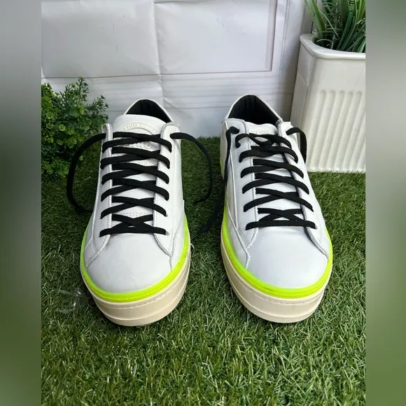 P448John Sneaker$315 Men White and Neon Green Sneakers size 45 US 11.5-12 NEW