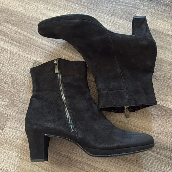 Paul Green Black Leather Ankle Boots US 9  Zip Suede heeled Booties S6.5EU