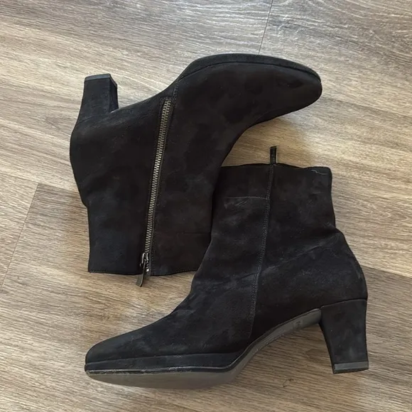 Paul Green Black Leather Ankle Boots US 9  Zip Suede heeled Booties S6.5EU