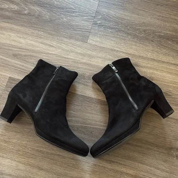 Paul Green Black Leather Ankle Boots US 9  Zip Suede heeled Booties S6.5EU